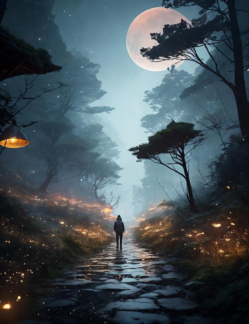 05015-3796824607-a man with walking along a narrow path, on the edges of which there is a cliff, the milky way, fireflies, stars, a moon, trends.jpg